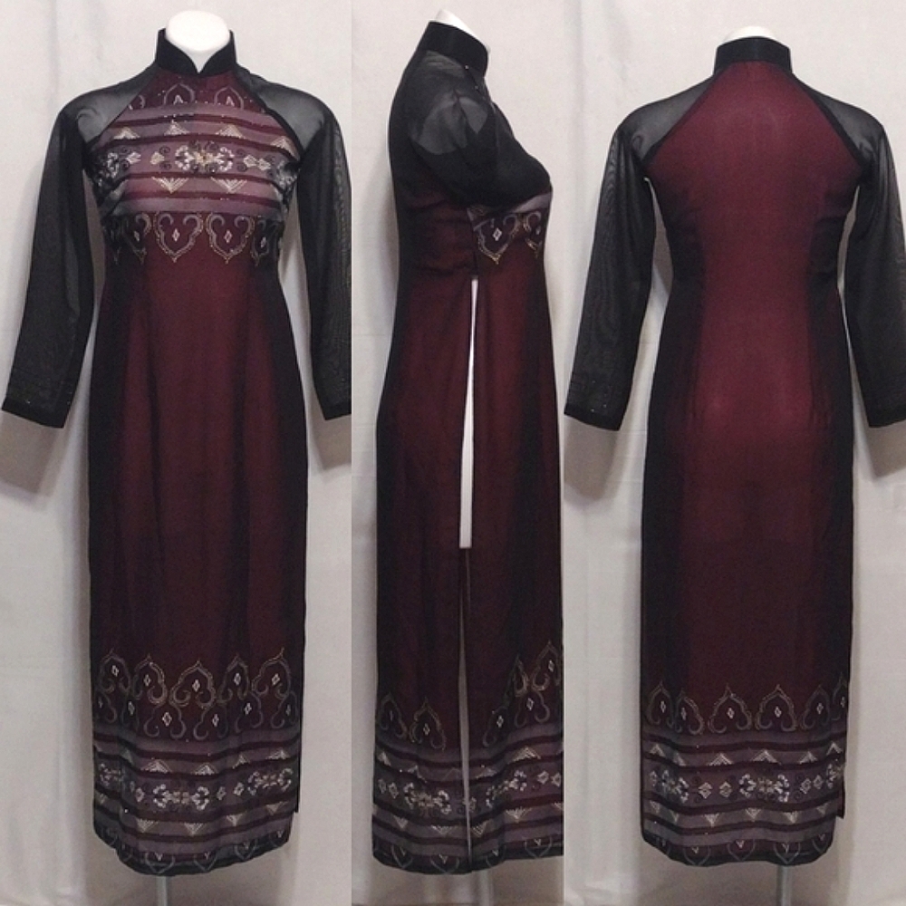 Ao Dai Vietnamese Hand Painted Maxi Tunic Top | Traditional Asian Long Sleeve S